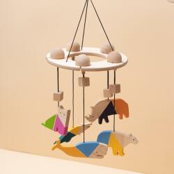 Mobbli Carusel patut bebelusi Mobile, cu 5 jucarii colorate animale, lemn (MBL-M01-ZW-CL)