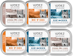 Wolf of Wilderness 6x150g tálcában; csirke, hal, sertés Wolf of Wilderness Adult nedves kutyatáp: marha, pulyka, bárány, kacsa vegyesen