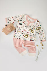 BabyCosy Set bluzita cu maneca lunga si nasturei si pantaloni lungi, 100% bumbac organic, BabyCosy, Pudra (BC-CSY2006)
