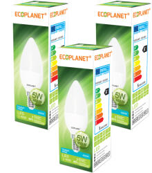 ECOPLANET Set 3 Buc - Bec Led Ecoplanet lumanare C35, E14, 5W (40W), 450LM, F, lumina rece 6500K, Mat (ECO-0019X3)