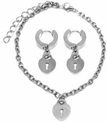 Maria King Szív Lakat charmos nemesacél karkötő + fülbevaló szett, ezüst színű (STM-459-sz)