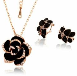 Maria King Rózsa motívumos vintage nyaklánc és fülbevaló szett, rose gold-fekete (WEN4067)