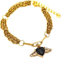 Maria King Háromsoros divat karkötő fekete kristály angyalszárnyas charmmal, arany színű (STM-399-tk)
