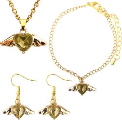 Maria King Pezsgőszínű kristály szív angyalszárnnyal medál nyaklánc, fülbevaló és karkötő szett (STM-398-s)