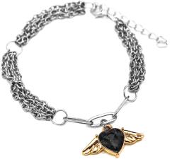Maria King Háromsoros divat karkötő fekete kristály angyalszárnyas charmmal, ezüst színű (STM-399-tk-e)