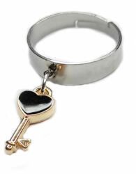 Maria King Fekete tűzzománc kulcs charmos állítható méretű gyűrű, ezüst színű, választható szélességben (STM-440-gy-e)