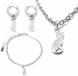 Maria King Nemesacél Cicás medálos nyaklánc, karkötő és fülbevaló szett, ezüst színű - dobozban (STM-484-sz)