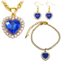 Maria King Kék kristály szív szett (lánc, karkötő, fülbevaló), arany színben (STM-321-sz)