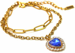Maria King Kék kristály szív charmos rozsdamentes acél dupla karkötő, arany színű (STM-321-dk)