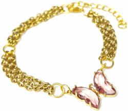 Maria King Háromsoros divat karkötő pink színű kristálypillangós charmmal, arany színű (STM-316-tk)