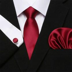 Maria King Pirosas bordó selyem nyakkendő mandzsettagombbal és díszzsebkendővel (WNY84)
