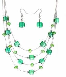 Maria King Szögletes gyöngy többsoros nyaklánc fülbevalóval, zöld (WEN1547)