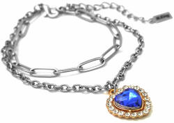 Maria King Kék kristály szív charmos rozsdamentes acél dupla karkötő, ezüst színű (STM-321-dk-e)