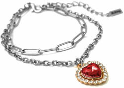 Maria King Piros kristály szív charmos rozsdamentes acél dupla karkötő, ezüst színű (STM-470-dk-e)