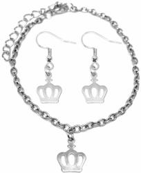 Maria King Nemesacél korona charmos karkötő + fülbevaló szett, ezüst színű (STM-730-sz)