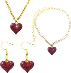Maria King Bordó csillogó szív medál nyaklánc, fülbevaló és karkötő szett (STM-330-s)