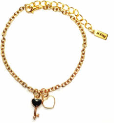 Maria King Arany színű karkötő fekete tűzzománc kulcs és fehér szív charmmal (STM-440-318-k-a)