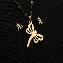 AZIZ Nemesacél szitakötős medál és fülbevaló szett, arany színű (WEN2207)