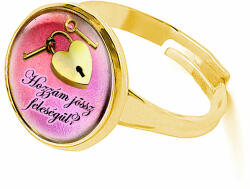 Maria King Eljegyzési gyűrű, felirattal, lakat-kulcs mintával, pink színben (állítható méret) (stm-uv-el-gy-01-a)