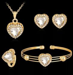 Maria King Szív motívumos nyakék, fülbevaló, gyűrű és karkötő szett, arany színű (WEN367)