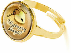 Maria King Eljegyzési gyűrű, felirattal, lakat-kulcs mintával, arany színben (állítható méret) (stm-uv-el-gy-02-a)