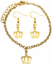 Maria King Nemesacél korona charmos karkötő + fülbevaló szett, arany színű (STM-729-sz)
