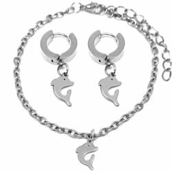 Maria King Ezüst színű nemesacél delfines rozsdamentes acél karkötő + fülbevaló szett (STM-740-sz)