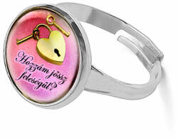 Maria King Eljegyzési gyűrű, felirattal, lakat-kulcs mintával, pink színben (állítható méret) (stm-uv-el-gy-01-e)
