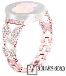 Fém okosóra szíj - ROSE GOLD - pillangóval és strasszkővel díszített, 160mm hosszú, 22mm széles - HUAWEI Watch GT 3 46mm / GT 3 Pro 46mm / Watch 3 46mm / Watch 3 Pro 48mm / SAMSUNG Watch3 45mm / Xiaom