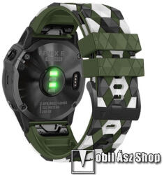  Okosóra szíj - szilikon, rombusz mintás - SÖTÉTZÖLD / FEHÉR / FEKETE - 130mm+95mm hosszú, 26mm széles QUICKFIT - Garmin Fenix 7X / 5X / 5X Plus / 6X / 6X Pro / Quatix 3 / Tactix 7 / Delta / Enduro / C