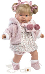 Llorens Llorens: Alexandra síró baba cumival, rózsaszín kardigánban, virágos ruhában 42cm (42280L) - jatekshop
