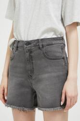 Volcom pantaloni scurti jeans femei, culoarea gri, neted, high waist PPYX-SZD0WI_90Y