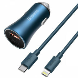 Baseus Golden Contactor Pro autós töltő, USB + USB-C, QC4.0 +, PD, SCP, 40 W (kék) + USB-C - Lightning kábel 1 m (kék) - pixelrodeo