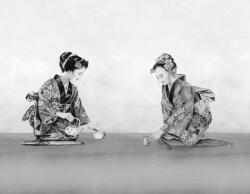  Gésák teaszertartása - portré rajzolt művészi ábrázolás fehér szürke és fekete tónus falpanel (88869360)