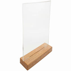 Display plastic pentru prezentare forma T, A5, transparent, baza de lemn, portrait