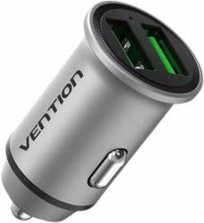 Vention Two-Port USB A+A(18/18) Car Charger Gray Mini Style Aluminium Alloy Type (FFAH0)