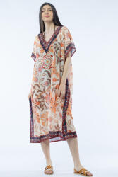 SHOPIKA Rochie lunga de plaja tip poncho cu flori mari pe fond bej Talie unica