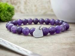 R. M. ékszer Gravírozható szív acél medálos ametiszt ásvány karkötő (12592-PK-20)