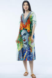 SHOPIKA Rochie lunga de plaja tip poncho cu motive florale si Frida Kahlo Multicolor Talie unica