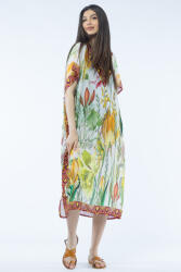 SHOPIKA Rochie lunga de plaja tip poncho cu flori mari pe fond alb Talie unica