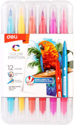 Deli Carioci pensula cu doua capete, 12 culori/set, DELI Color Emotion