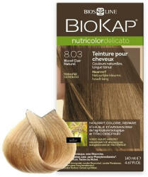 BioKap Vopsea permanentă pentru păr Nutricolor Delicato, Nunaţa Natural Light Blond 8.03, 140 ml, Biokap