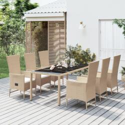 vidaXL Set de masă pentru grădină, 7 piese, cu perne, bej, poliratan (3157570)