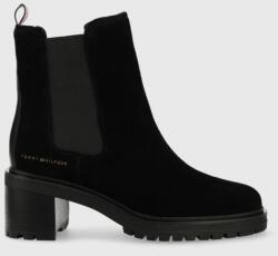 Tommy Hilfiger magasszárú cipő velúrból Outdoor Chelsea Mid Heel Boot fekete, női, magassarkú - fekete Női 41