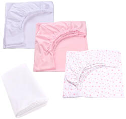 Confort Family Set 3 cearsafuri alb roz si stelute roz + protectie impermeabila patut 90x40 50 cm (CFAM661) - babyneeds Lenjerii de pat bebelusi‎, patura bebelusi