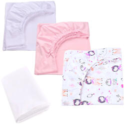 Confort Family Set 3 cearsafuri alb roz si fetite + protectie impermeabila patut 90x40 50 cm (CFAM5577) - babyneeds Lenjerii de pat bebelusi‎, patura bebelusi