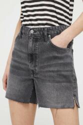 Superdry pantaloni scurti jeans femei, culoarea gri, neted, high waist PPYX-SZD0NS_90X