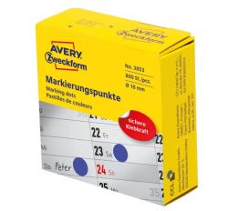 AVERY Etikett címke, o10mm, tekercses jelölőpont adagoló dobozban 800 címke/doboz, Avery kék (3853)