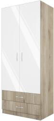 IRIM Joel Gardróbszekrény, 80x52, 5x191 cm, 2 ajtó, 2 fiók, Akasztósín, Polírozott, Sonoma tölgy/Fényes fehér