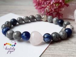 Kristály Jóga Shop Térkép jáspis, szodalit 8 mm-es ásvány karkötő rózsakvarc szívvel